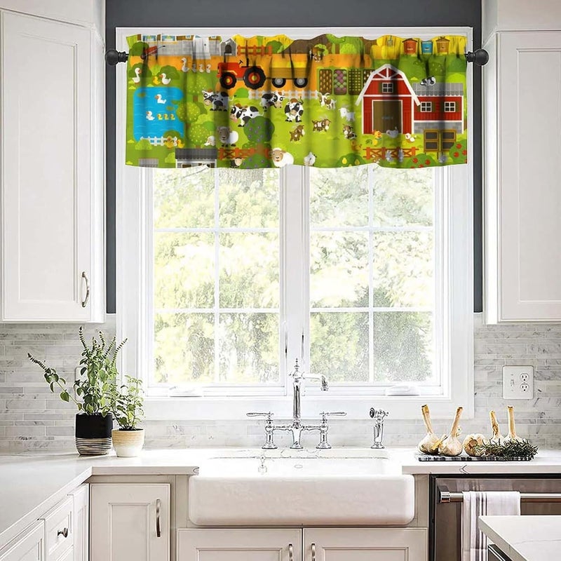 JanJCurt Cartoon Farm Animals Kids Valance, Cute Child Farmhouse Country Tractors Sheep Cow Pig Flowers Blackout Short Window Drape Curtain for Boys Girls Bedroom Living Room, 54x18inch - Image 3